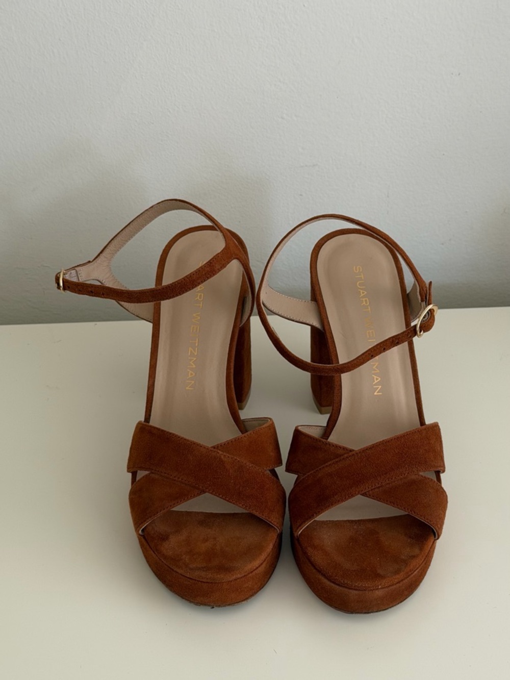 Stuart Weitzman Chestnut Suede Crisscross Platform Sandals Dayna
